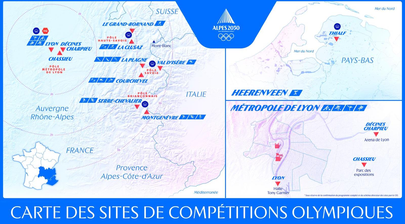 Carte des sites olympiques Alpes 2030