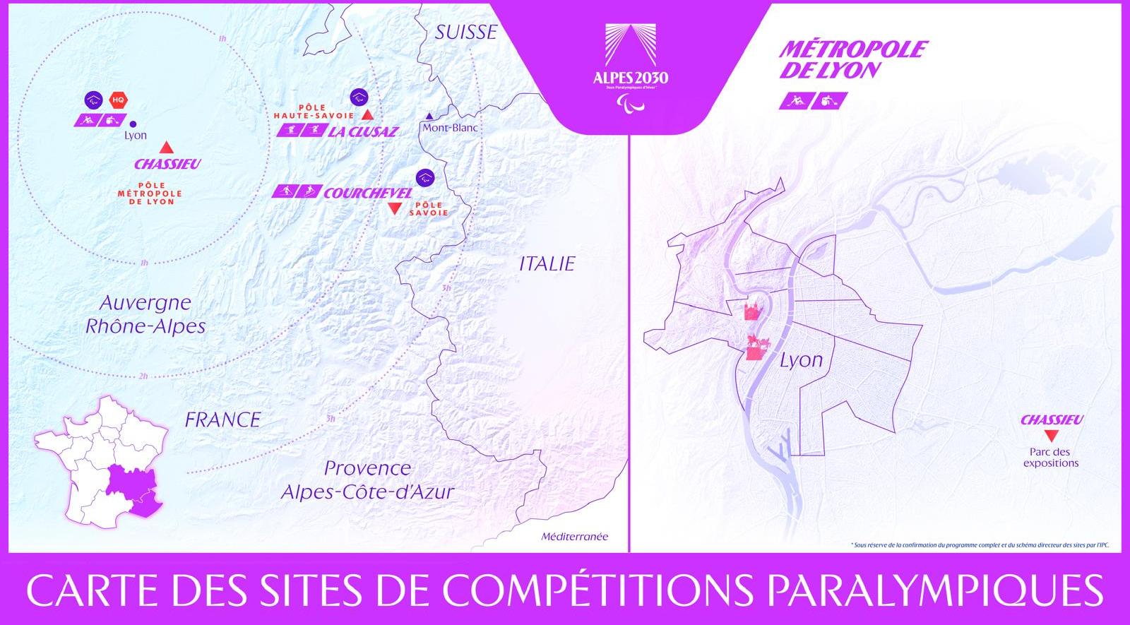 Carte des sites Paralympiques des Alpes 2030